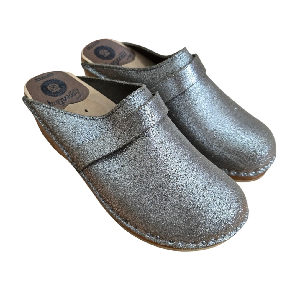 Swedish Troentorp Clogs Womens 37/7 Silver Shimmer Metallic Leather Wood Sole